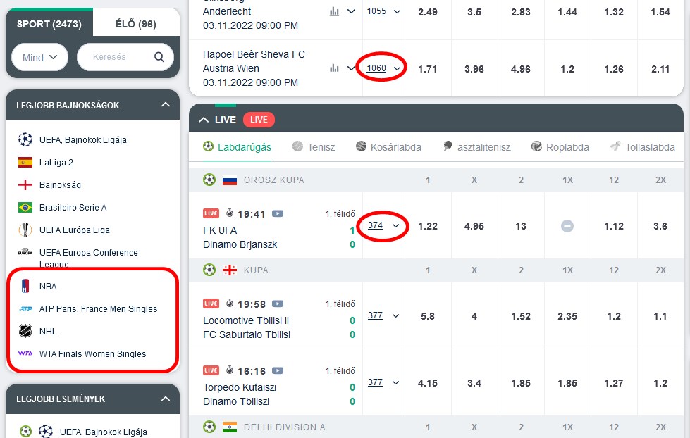Odds nézet a következő mérkőzésekre